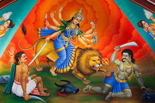 Painting of Hindu deity of Goddess Durga Mahishasur Mardini, Sri Mariamman Temple, Singapore
